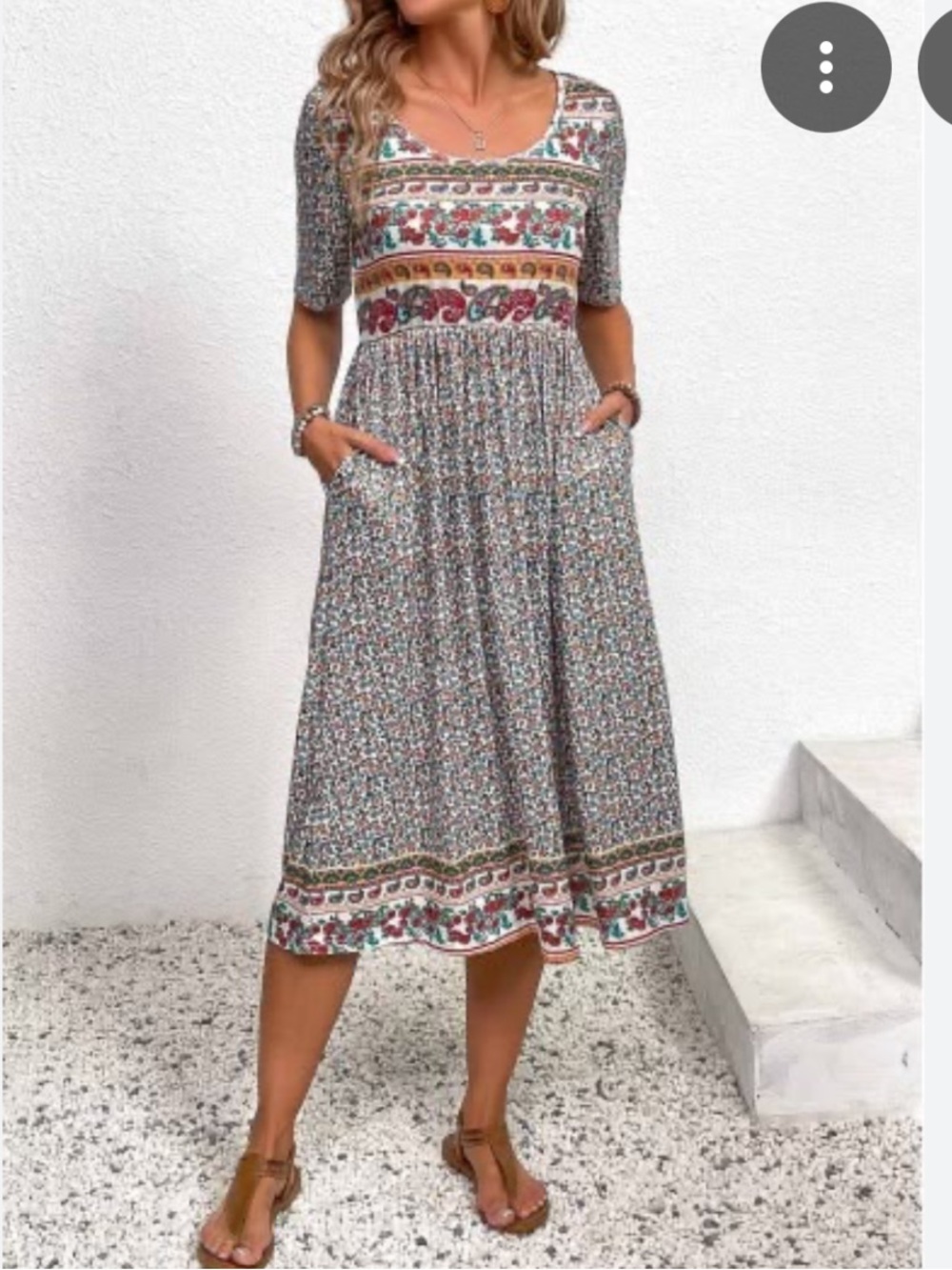 Bohemian Floral Midi Dress Short Sleeve Cottagecore Prairie with Pockets